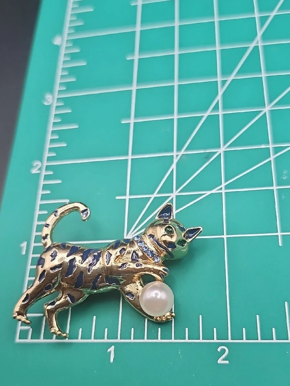 Gold-tone Blue Enamel Cat Brooch with Pearl Accent